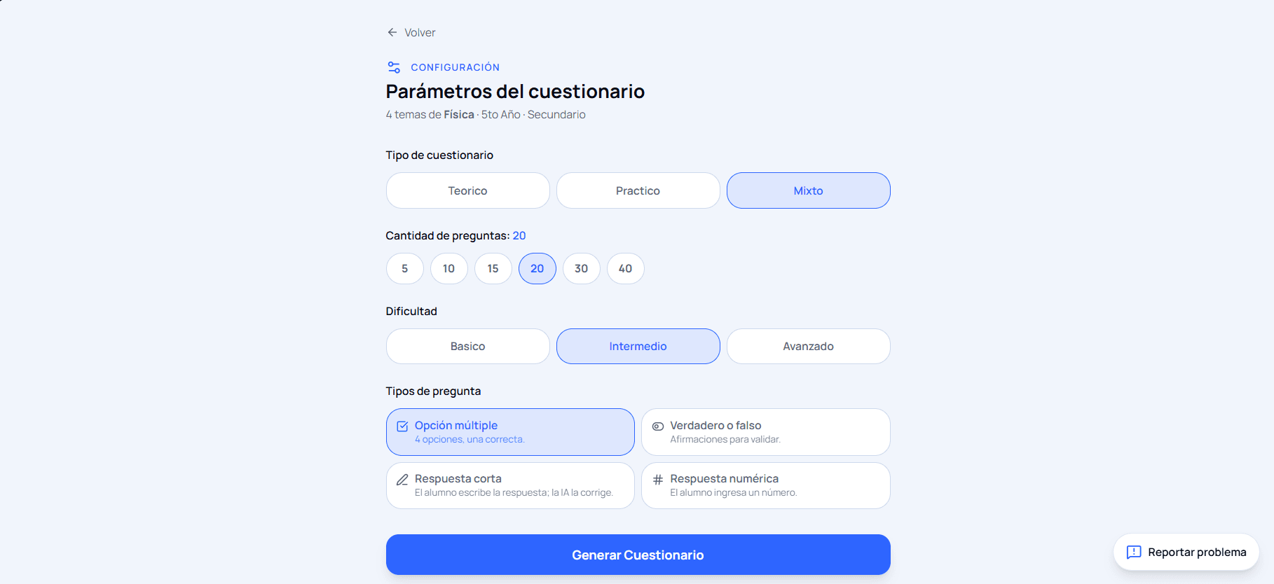 Pantalla de configuración de MaestrIA para un cuestionario de Física de 5to año de secundario armado sobre cuatro temas: tipo teórico, práctico o mixto; cantidad de preguntas de 5 a 40; dificultad básica, intermedia o avanzada; y los cuatro tipos de pregunta disponibles.