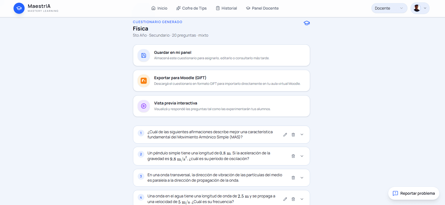 Cuestionario de Física ya generado, con las opciones de guardarlo en el panel del docente, exportarlo a Moodle en formato GIFT o abrir la previsualización interactiva, seguidas de la lista de preguntas con las fórmulas renderizadas.