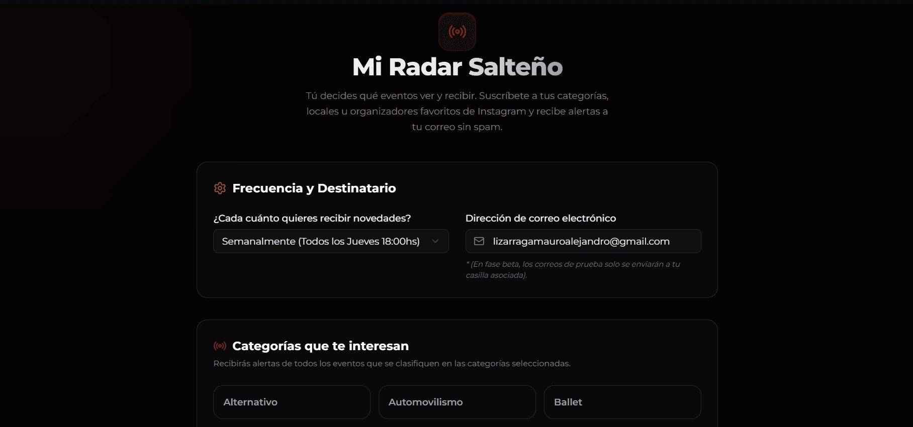 Mi Radar Salteño: configuración de las alertas por correo, con la frecuencia de envío y la casilla de destino.