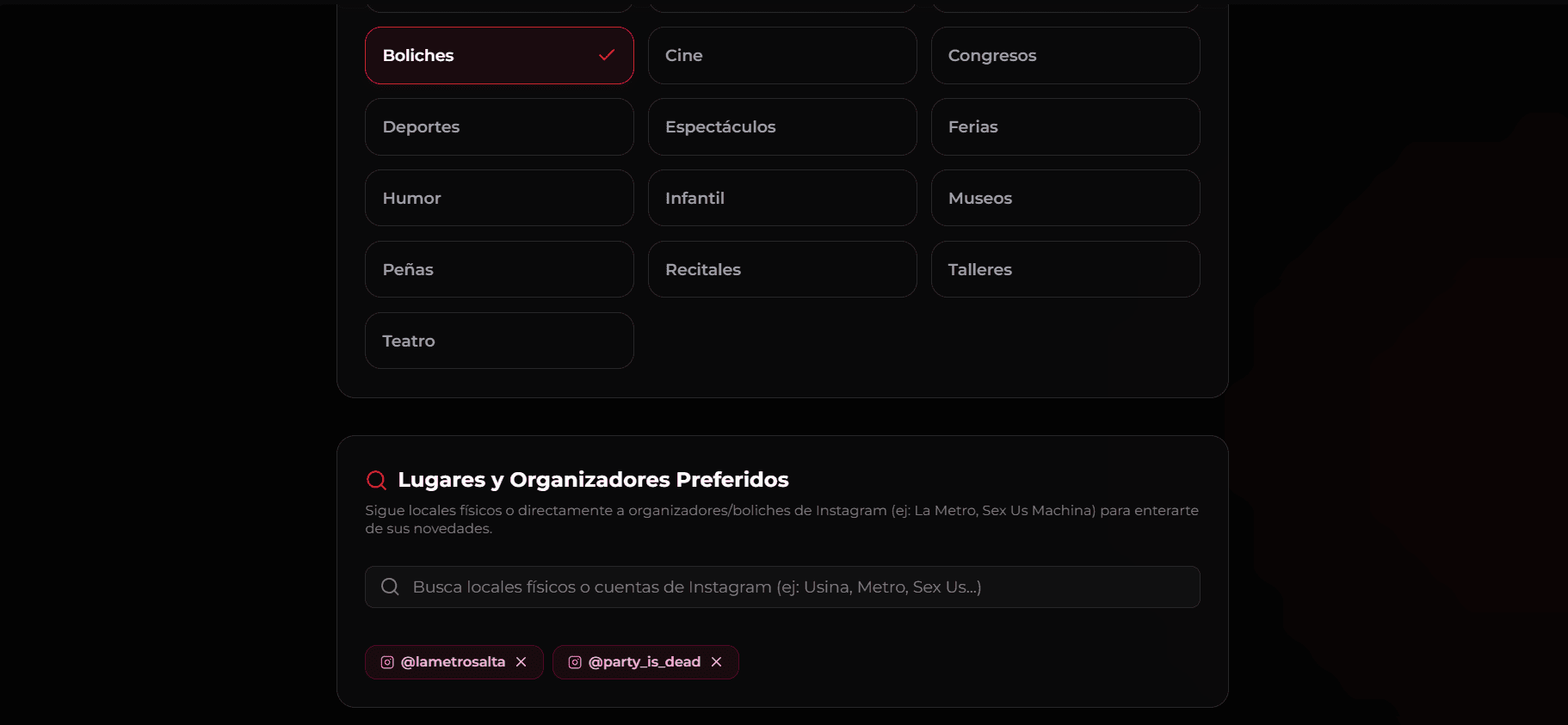 Mi Radar Salteño: selección de categorías de interés y de organizadores de Instagram seguidos, que definen qué eventos entran en cada envío.
