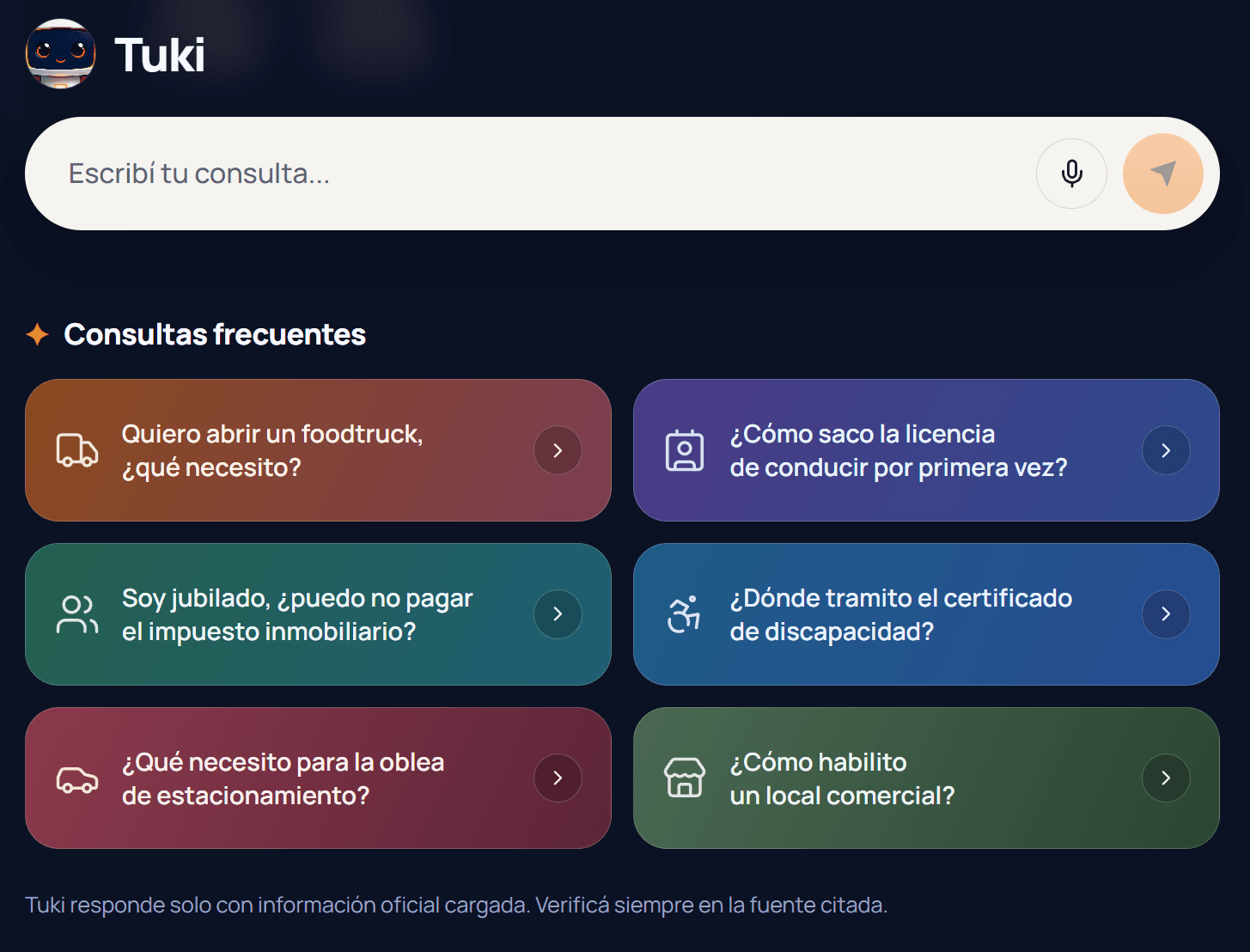 Consultas frecuentes del prototipo: seis preguntas de ejemplo, de habilitar un foodtruck a sacar la licencia de conducir por primera vez, y al pie la aclaración de que Tuki responde solo con información oficial cargada.