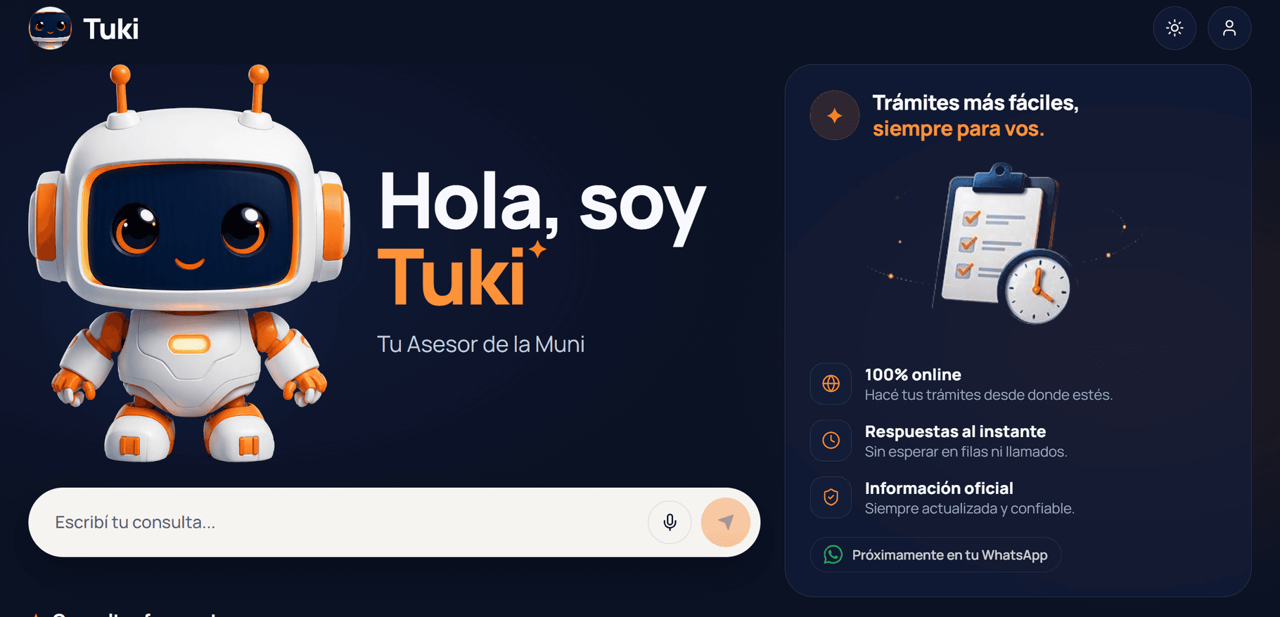 Inicio del prototipo web de Tuki: el asistente se presenta como asesor de trámites municipales, con el campo de consulta y tres promesas al costado: 100% online, respuestas al instante e información oficial.